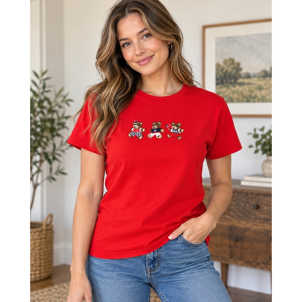 Classic Old Varsity Brand T-Shirt Red Embroidered Patriotic Bears Vintage Large